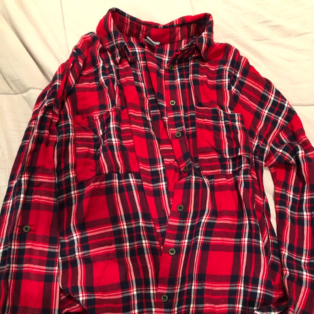 Red blue and white plaid button up shirt